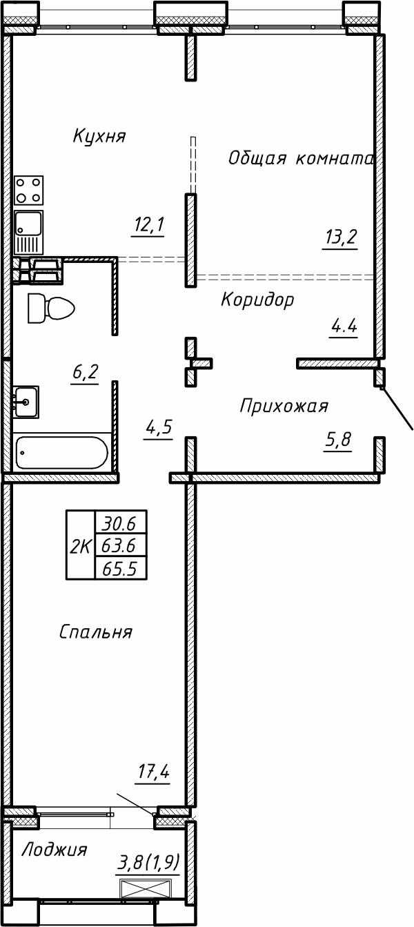 2-комнатная 65 м2 в ЖК Гренландия корпус null этаж 1