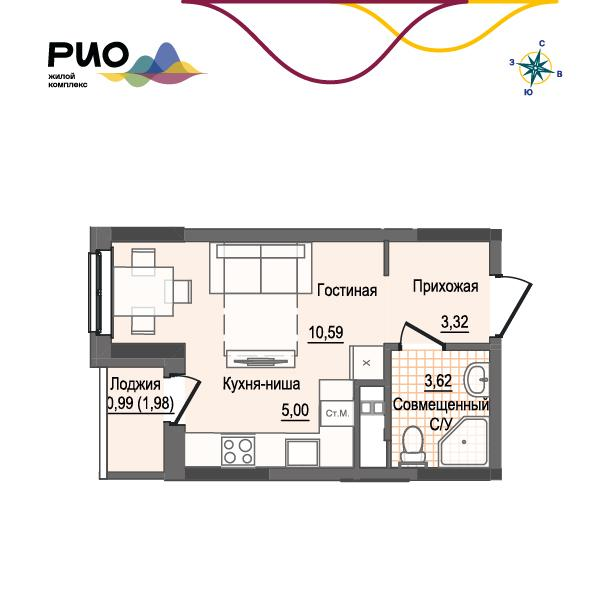 1-комнатная 23 м2 в ЖК Рио корпус null этаж 12