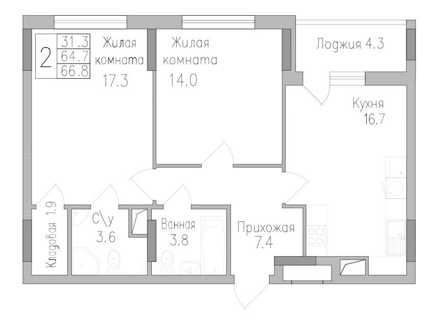 2-комнатная 66.8 м2 в ЖК undefined корпус null этаж 8