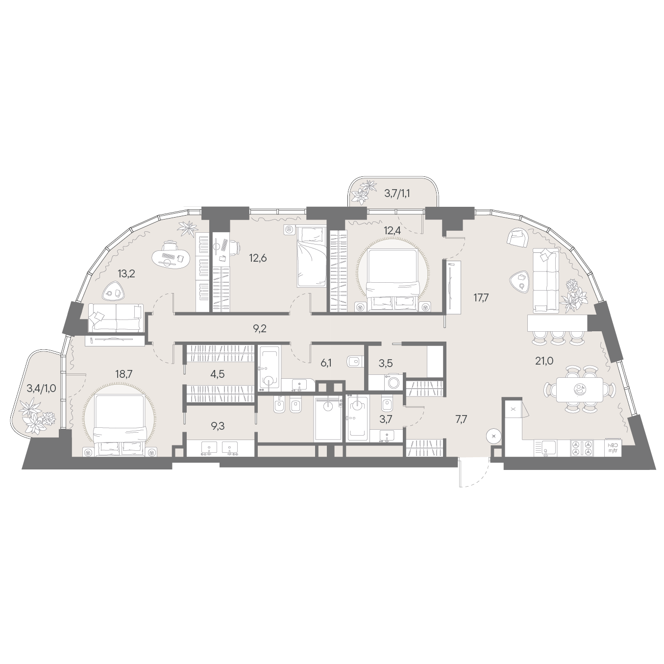 4-комнатная 141 м2 в ЖК Родина парк корпус null этаж 11