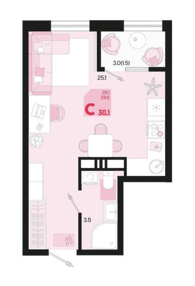 Студия 30.1 м2 в ЖК undefined корпус null этаж 9