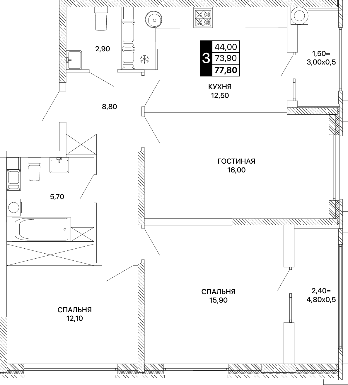 3-комнатная 77 м2 в ЖК Сияние корпус null этаж 4