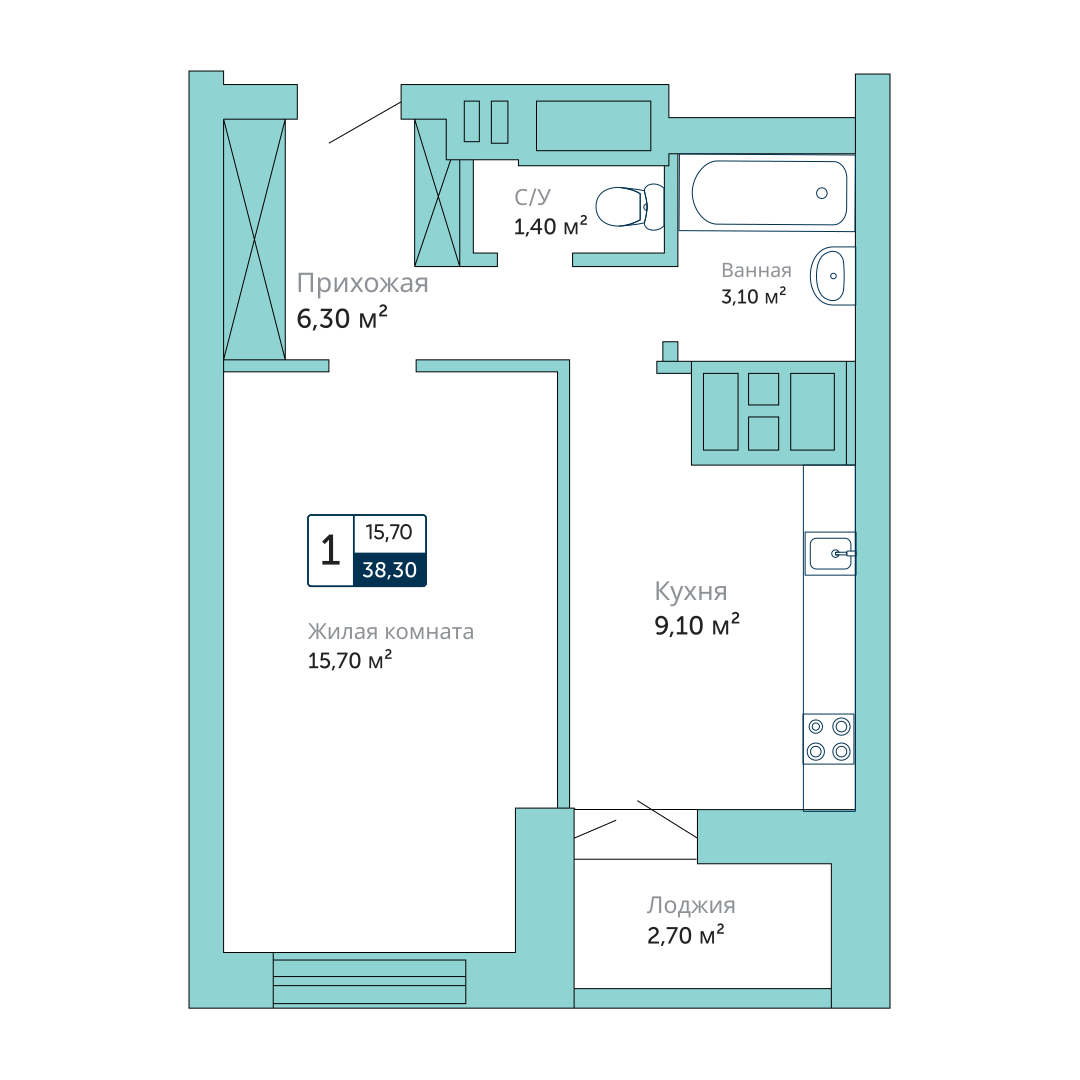 1-комнатная 38 м2 в ЖК Красный корпус null этаж 12