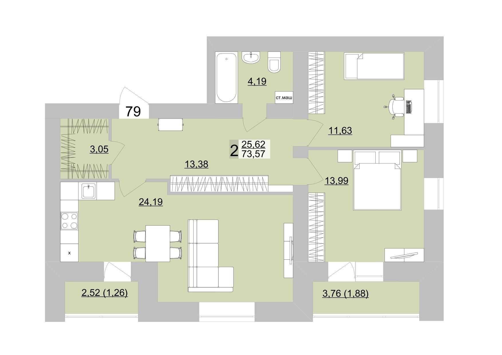 2-комнатная 76 м2 в ЖК Философия Идеалистов на Театральной корпус null этаж 14