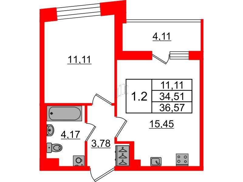 1-комнатная 34 м2 в ЖК Бионика Заповедная корпус null этаж 2