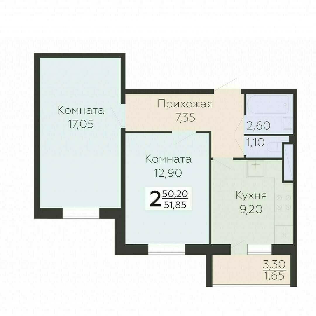 2-комнатная 51 м2 в ЖК Ленский корпус null этаж 14