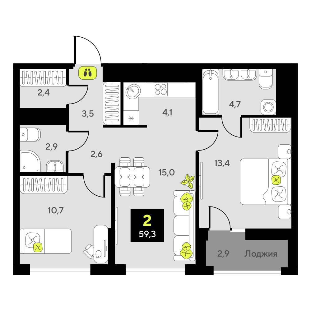 2-комнатная 59 м2 в ЖК Мотивы корпус null этаж 3
