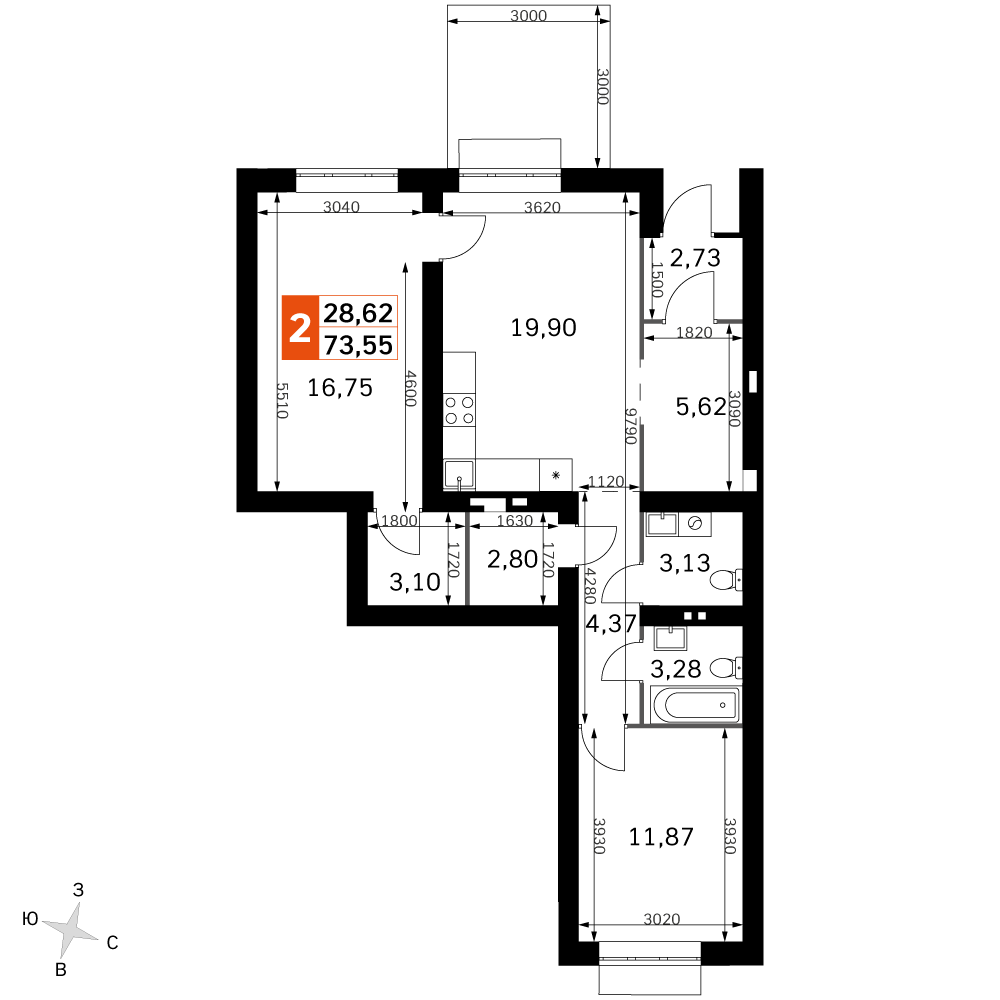 2-комнатная 73 м2 в ЖК Жаворонки Клаб корпус null этаж 1