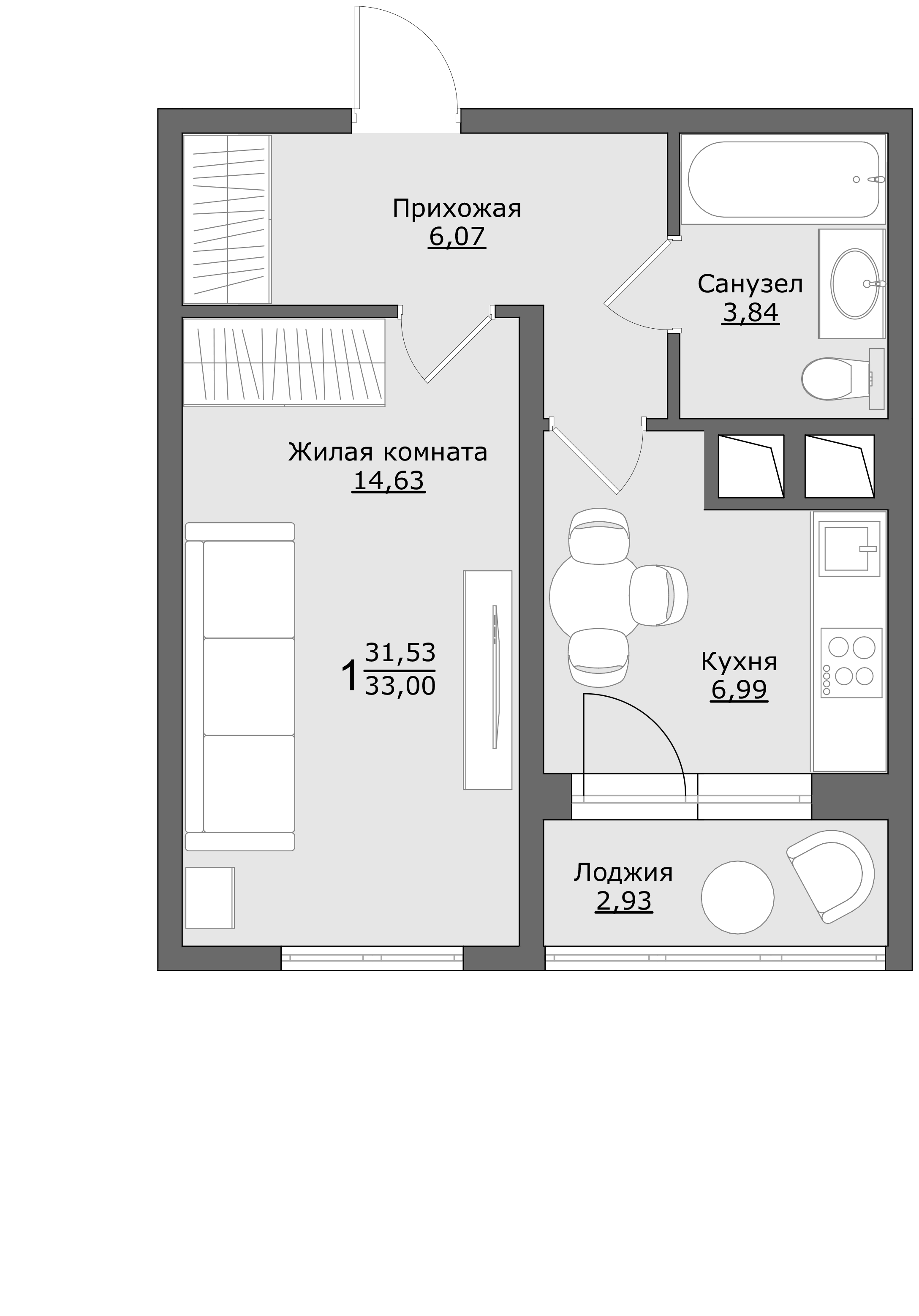 1-комнатная 33 м2 в ЖК Клевер корпус null этаж 6