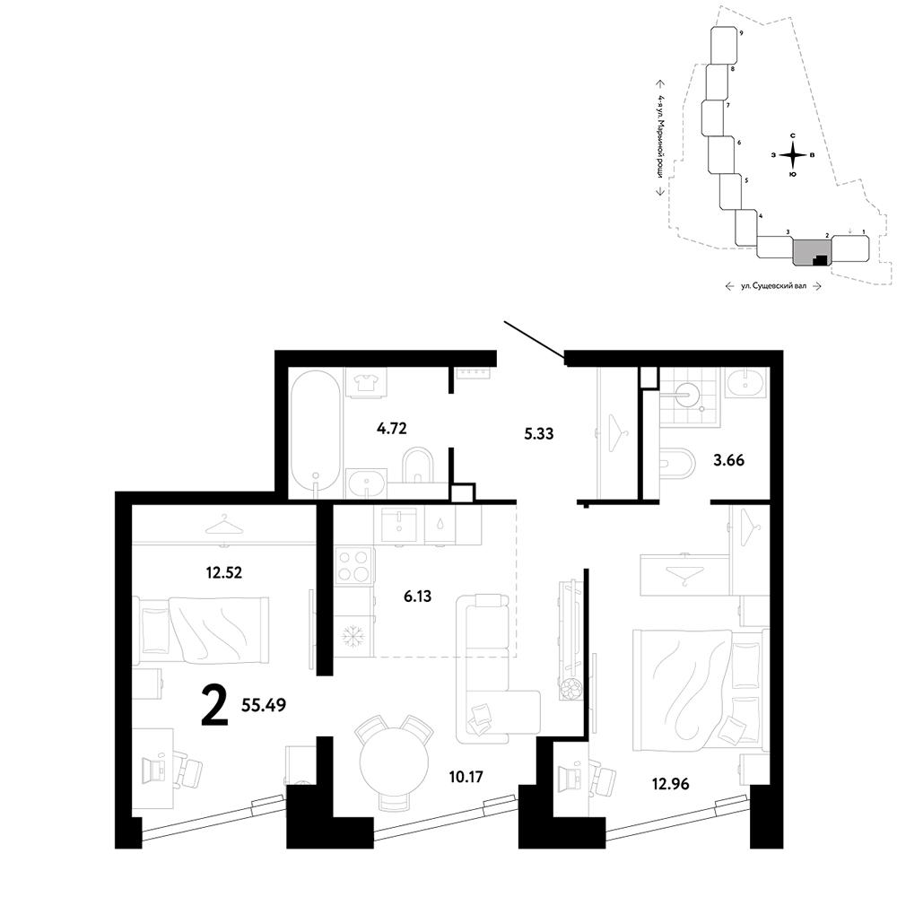 2-комнатная 55 м2 в ЖК Ридж корпус null этаж 9