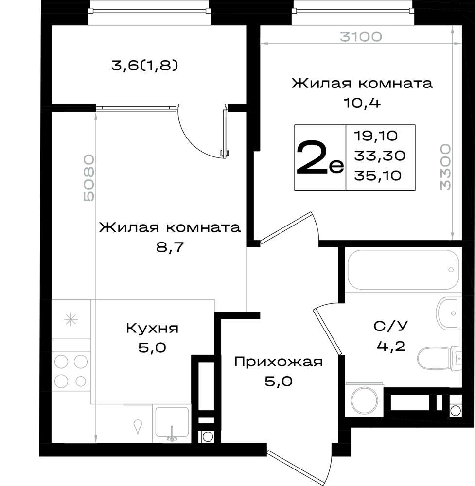 2-комнатная 35 м2 в ЖК Придонье корпус null этаж 9