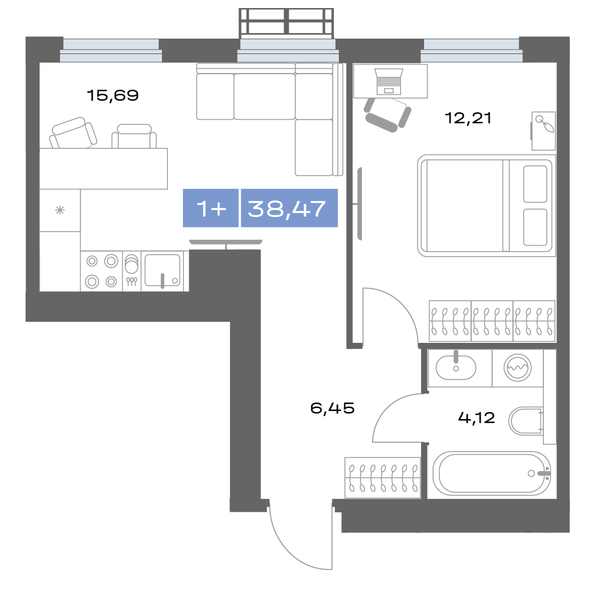 1-комнатная 38 м2 в ЖК Толк Медный корпус null этаж 20