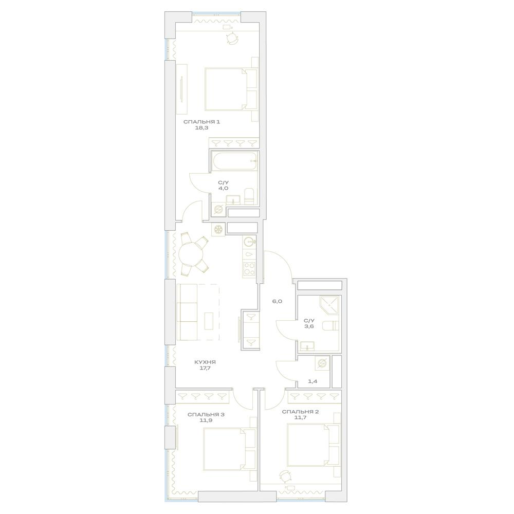 4-комнатная 74 м2 в ЖК Детали корпус null этаж 6