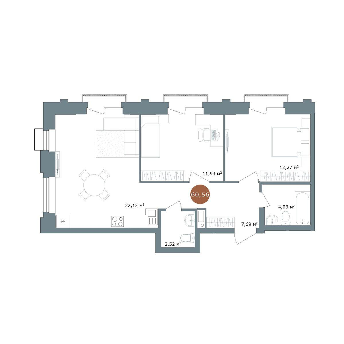 2-комнатная 60 м2 в ЖК 19/56 Кварталы Телецентра корпус null этаж 11