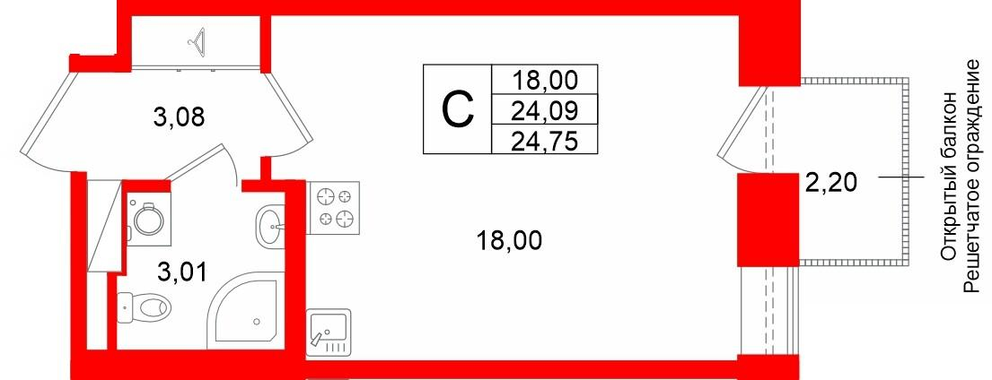 Студия 24 м2 в ЖК Аристократ корпус null этаж 3