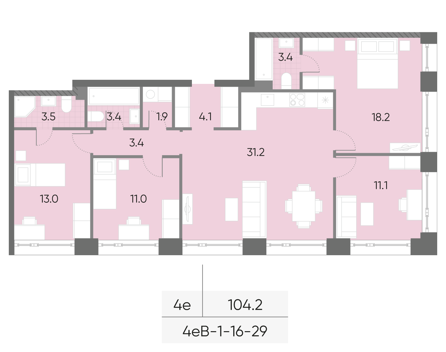 4-комнатная 104 м2 в ЖК Вейв корпус null этаж 19