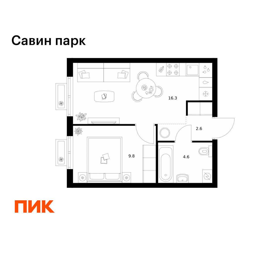 1-комнатная 33 м2 в ЖК Савин парк корпус null этаж 12
