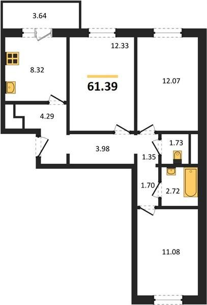3-комнатная 61.4 м2 в ЖК undefined корпус null этаж 9