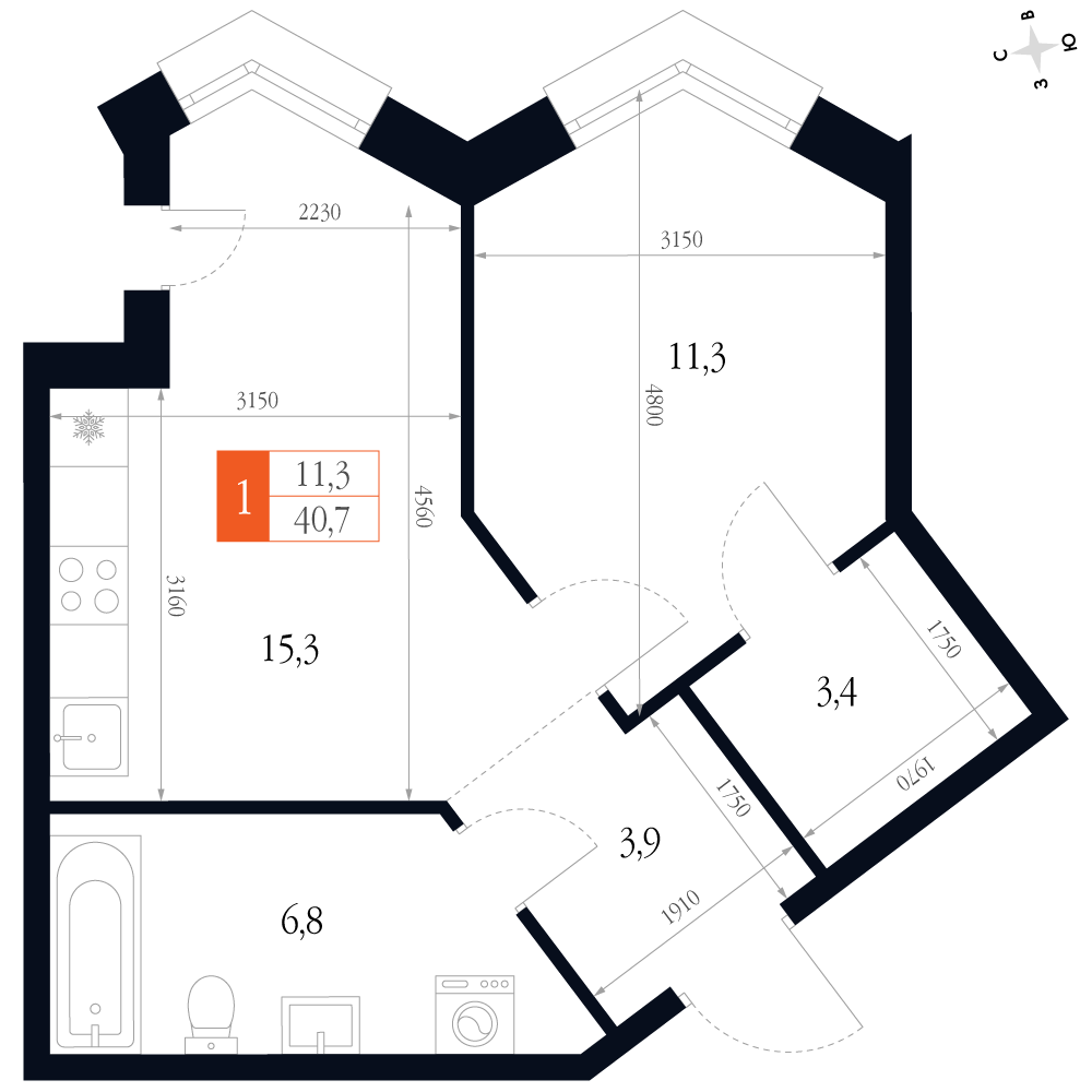 1-комнатная 40 м2 в ЖК Фордевинд корпус null этаж 13