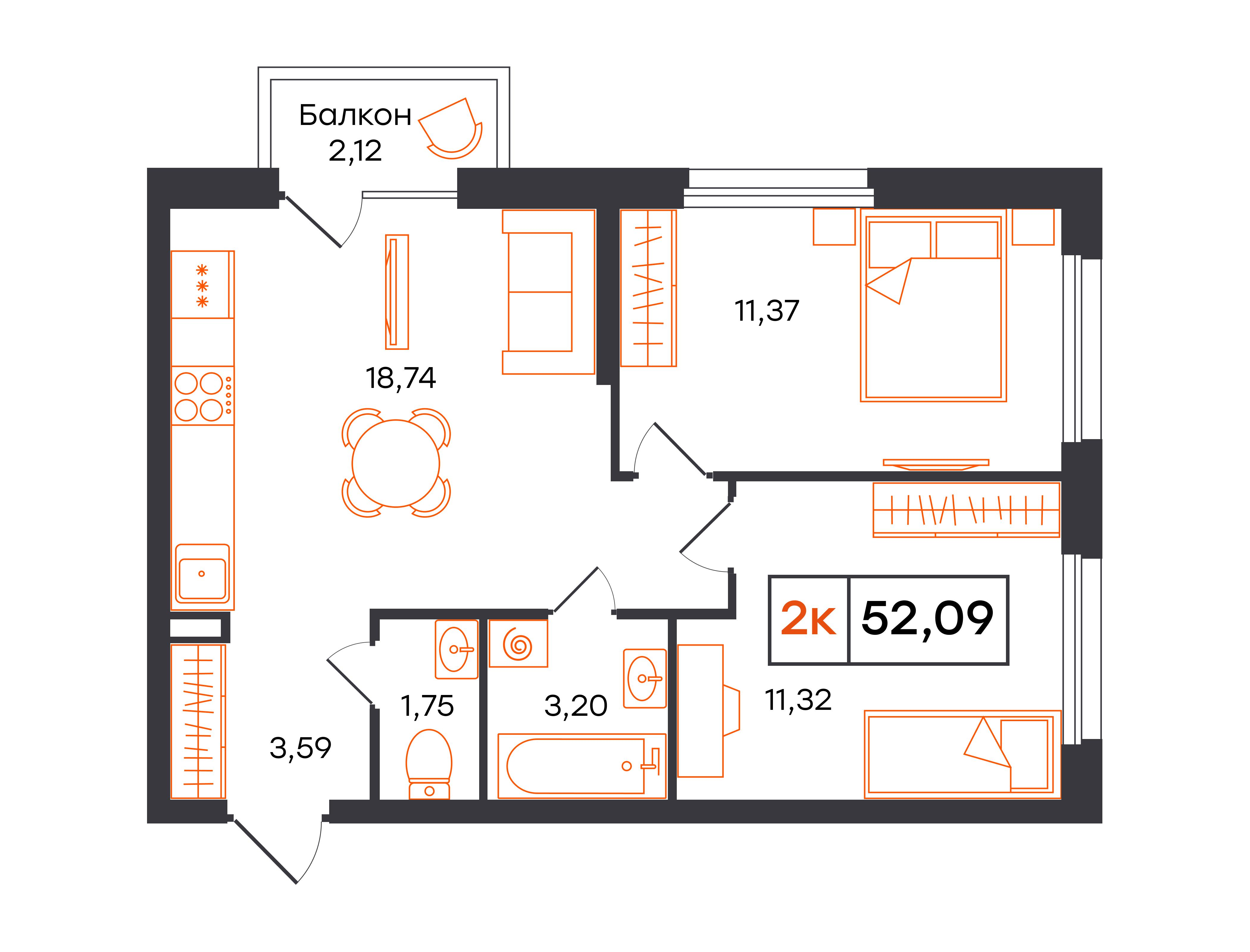 2-комнатная 52 м2 в ЖК Фатера корпус null этаж 10