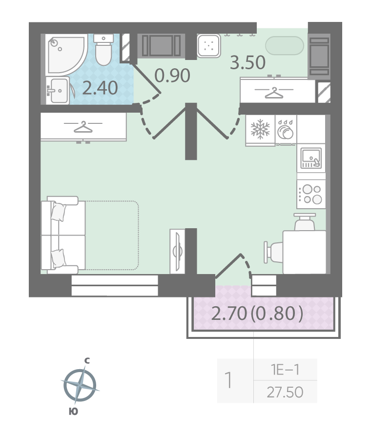 1-комнатная 27 м2 в ЖК Цветной город корпус null этаж 18