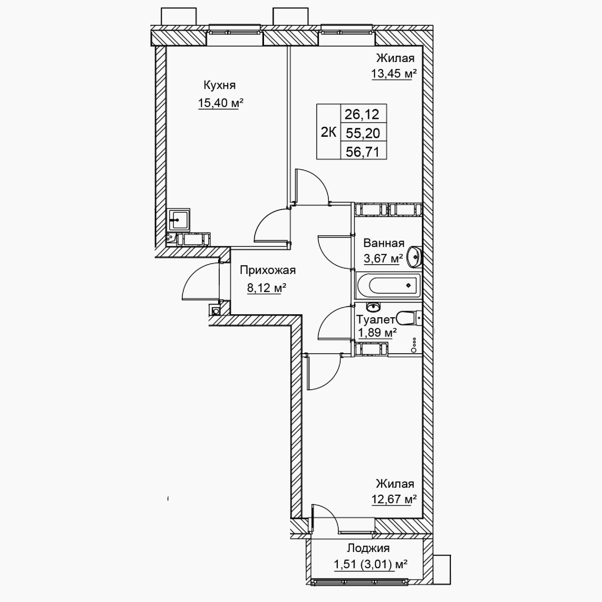 2-комнатная 56 м2 в ЖК Сталь корпус null этаж 15