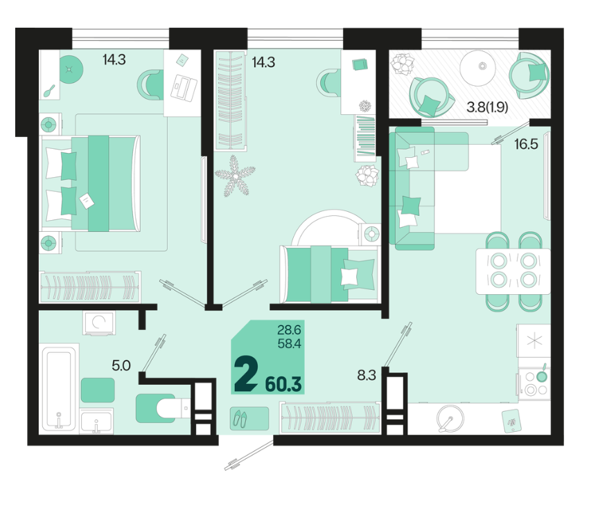 2-комнатная 60.3 м2 в ЖК undefined корпус null этаж 3