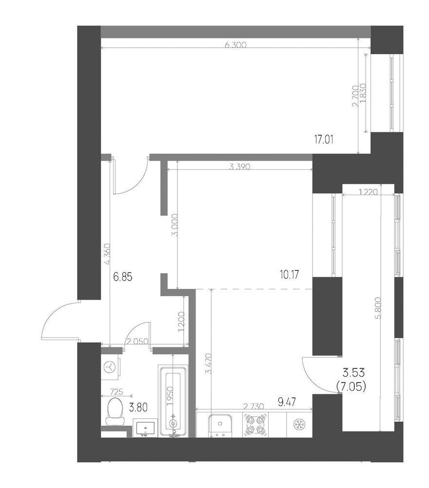 2-комнатная 50 м2 в ЖК Калина корпус null этаж 7