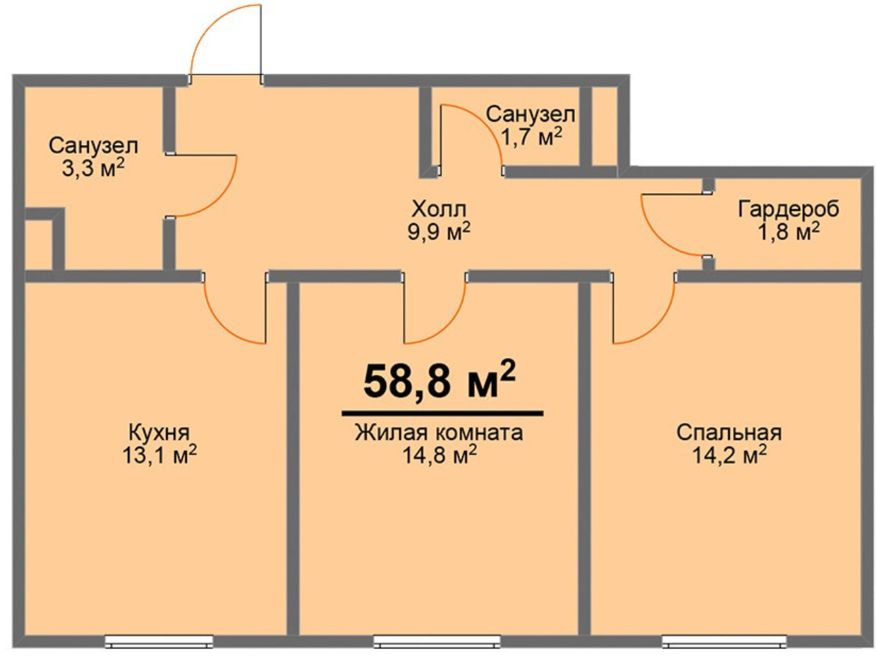 2-комнатная 58.8 м2 в ЖК undefined корпус null этаж 1