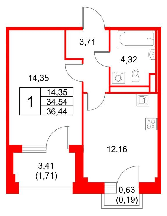 1-комнатная 36 м2 в ЖК Кронфорт. Центральный корпус null этаж 3
