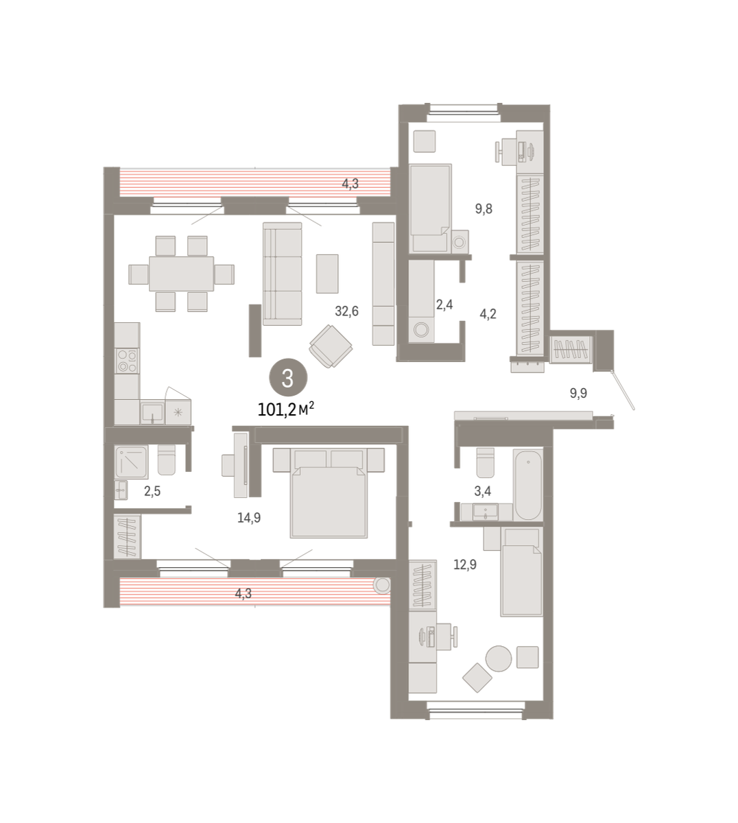 3-комнатная 102 м2 в ЖК Брусника в Академическом корпус null этаж 9