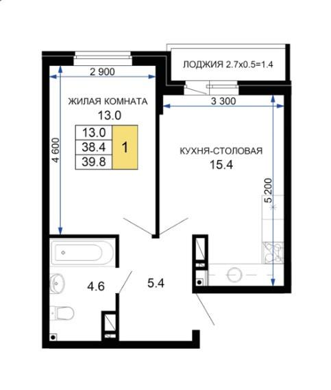 2-комнатная 39 м2 в ЖК undefined корпус null этаж 14