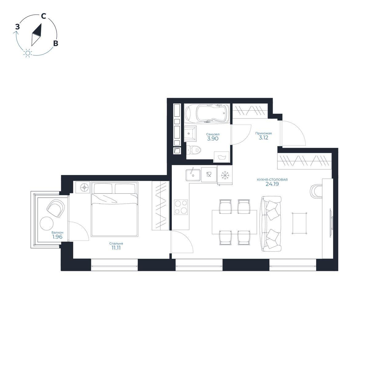 1-комнатная 42 м2 в ЖК Каскада корпус null этаж 8