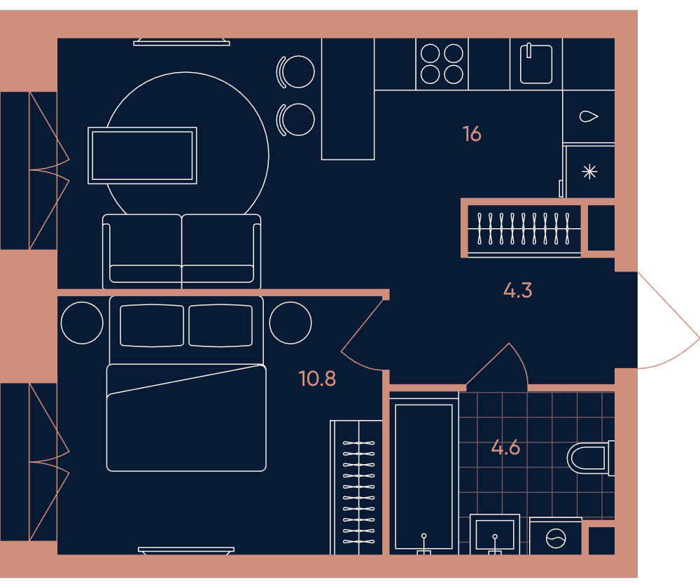 2-комнатная 35 м2 в ЖК ЭРА / Дербеневская 20 корпус null этаж 7
