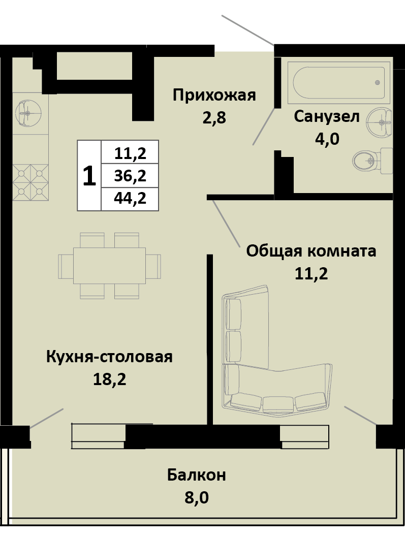 1-комнатная 44 м2 в ЖК Южные соседи корпус null этаж 4