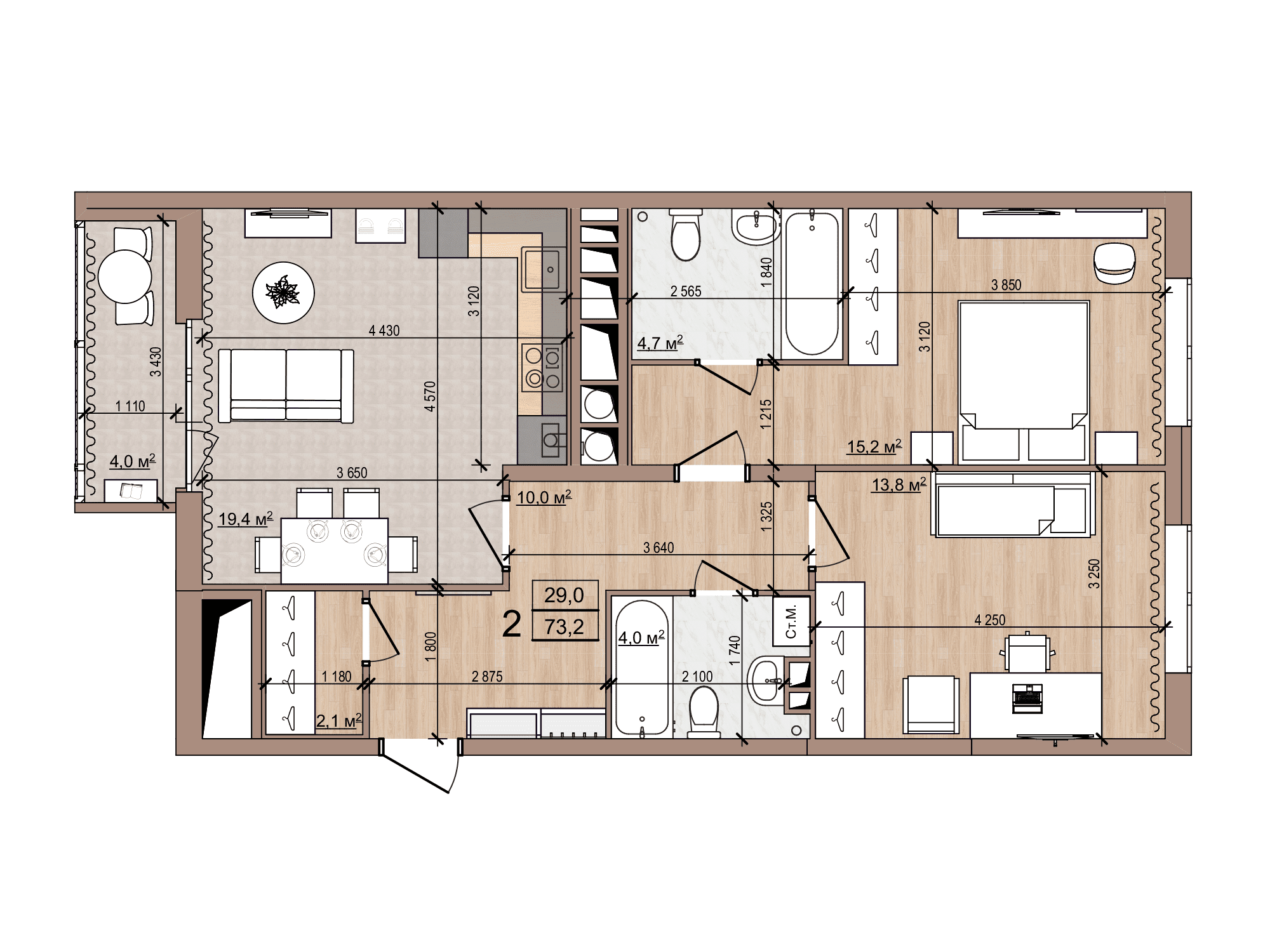 2-комнатная 73 м2 в ЖК Skyline-2 корпус null этаж 16