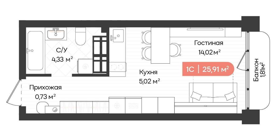 1-комнатная 25 м2 в ЖК Balance корпус null этаж 17