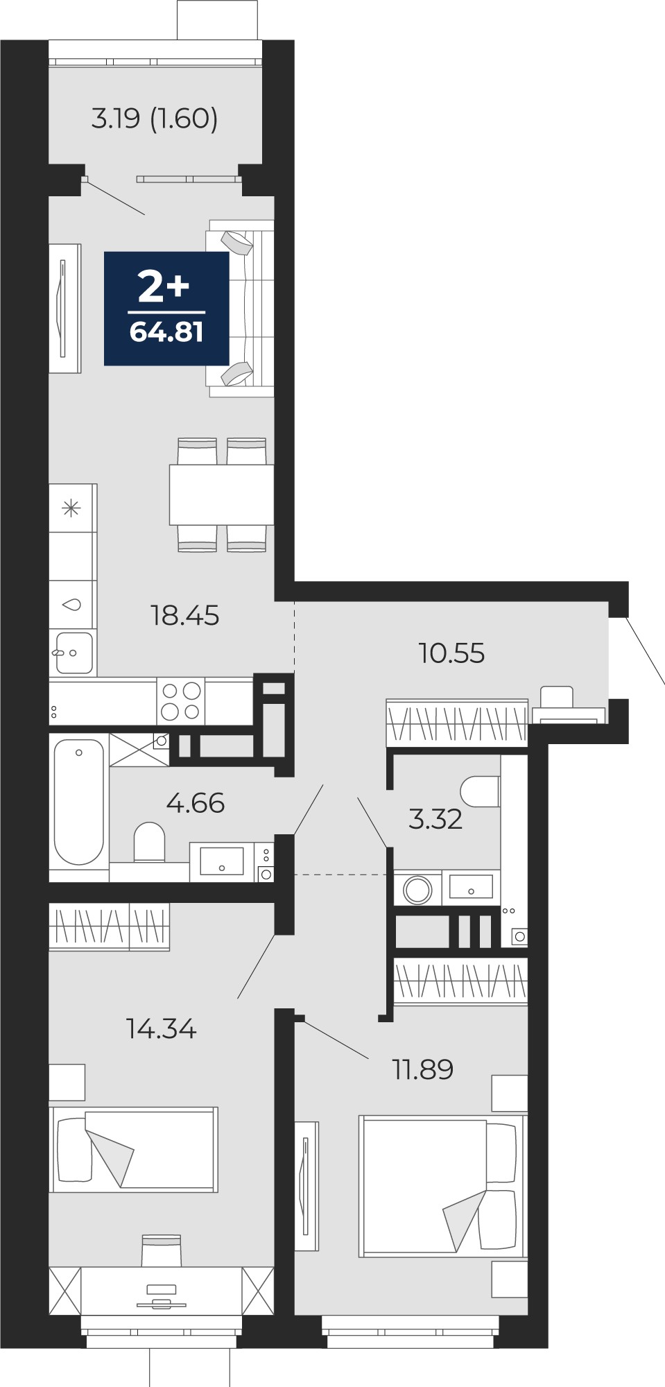 2-комнатная 63 м2 в ЖК Прео корпус null этаж 11