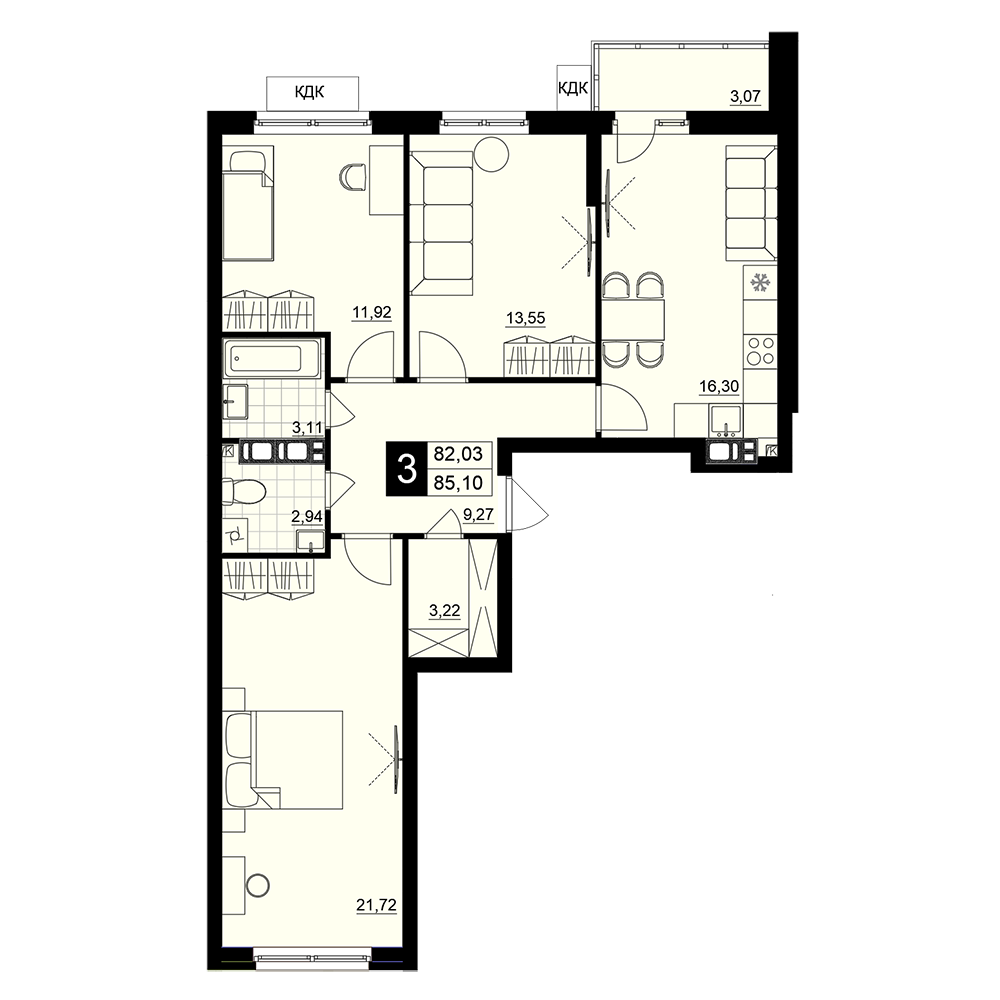 3-комнатная 83 м2 в ЖК Макрорайон Амград корпус null этаж 4