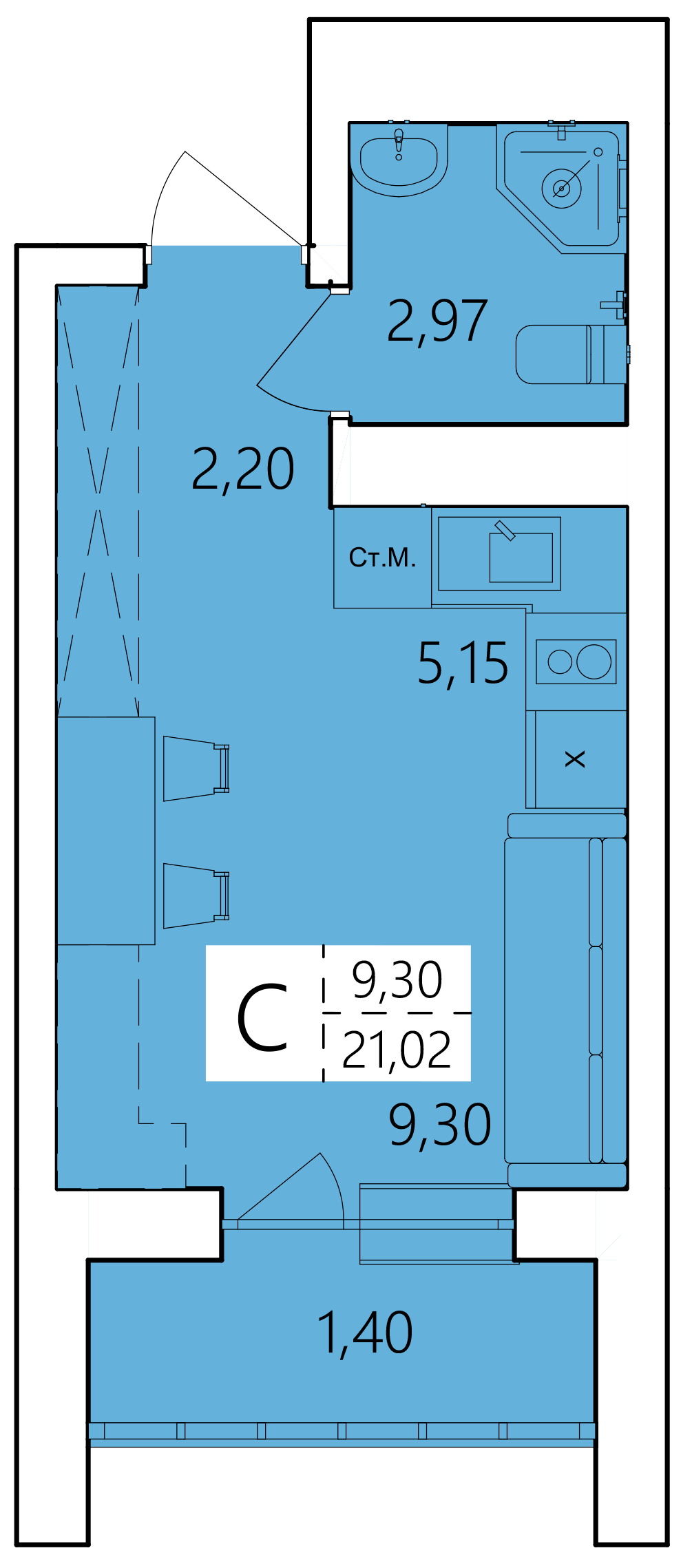 Студия 21 м2 в ЖК Волна корпус null этаж 25