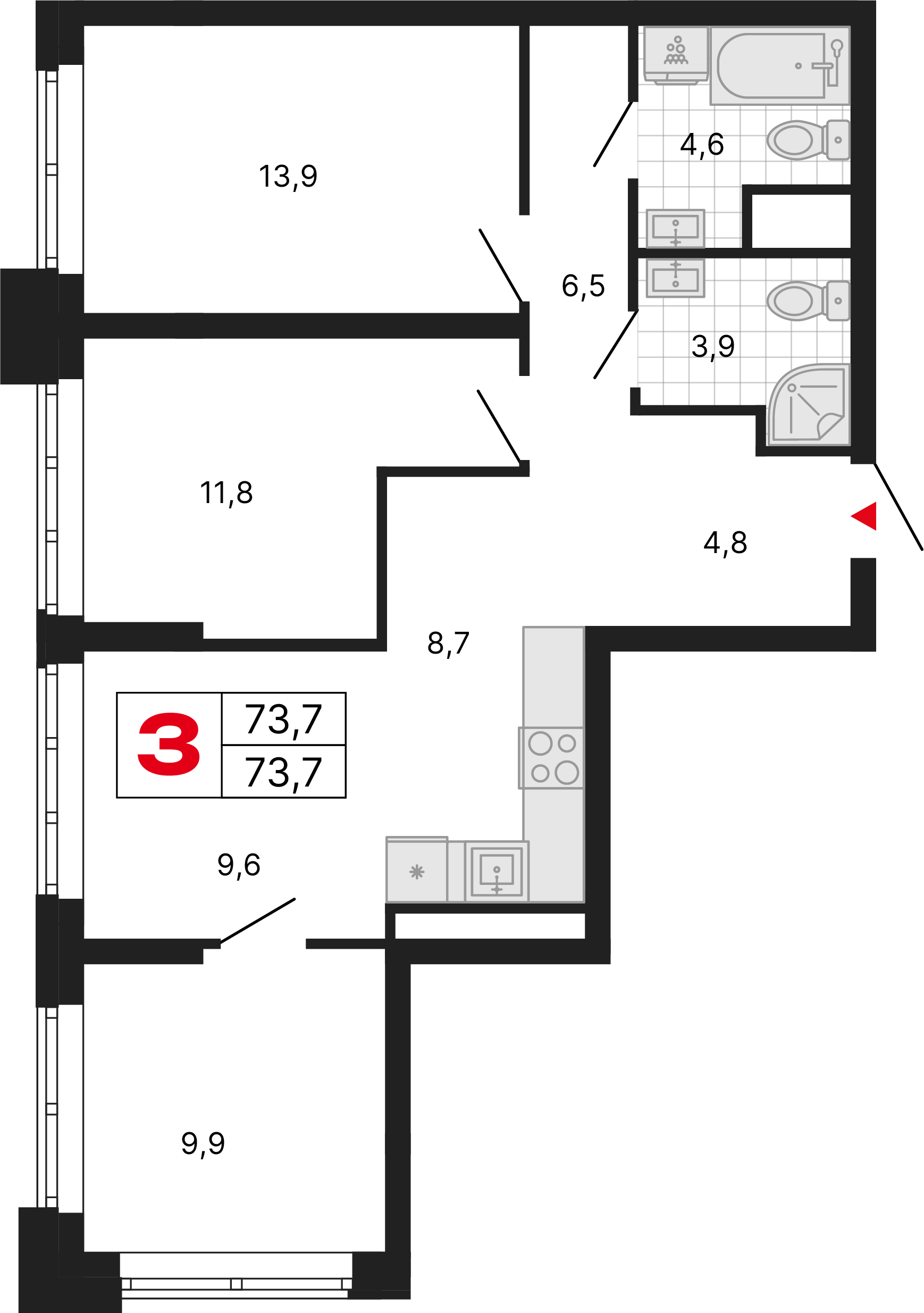 3-комнатная 73 м2 в ЖК Бестселлер корпус null этаж 15