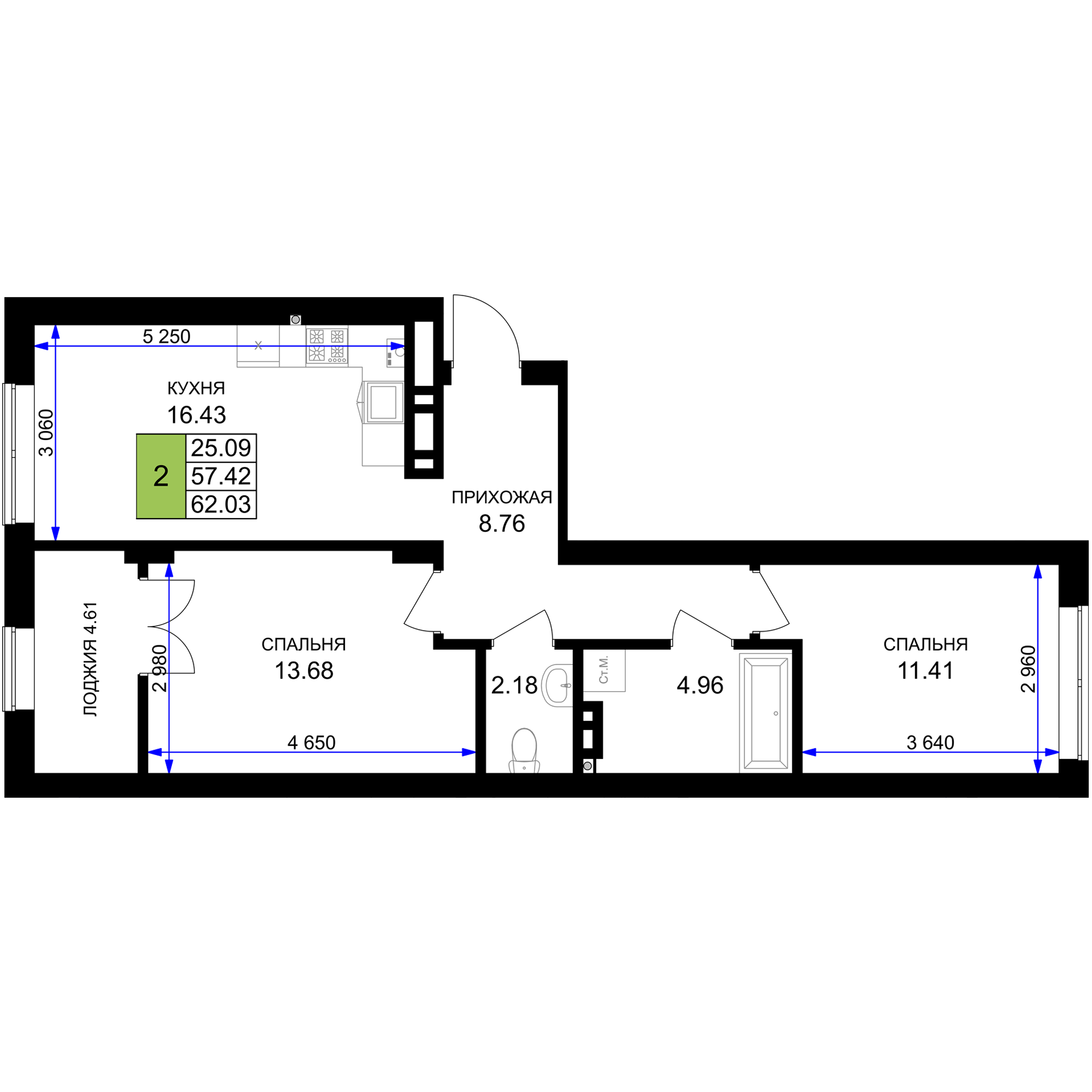 2-комнатная 59 м2 в ЖК Включи корпус null этаж 2