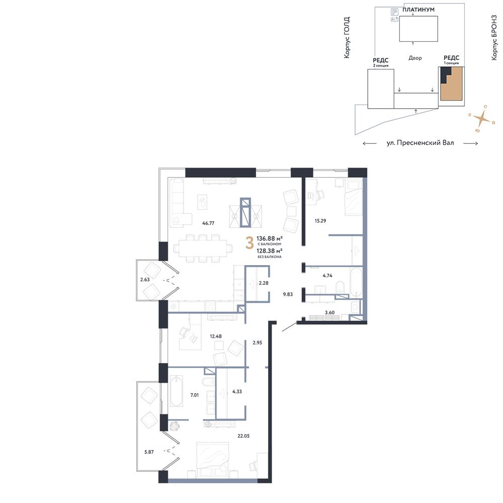 3-комнатная 136 м2 в ЖК Репаблик корпус null этаж 26