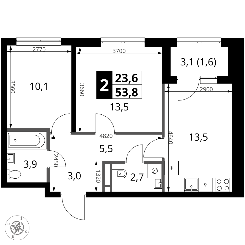 2-комнатная 53 м2 в ЖК 1-й Ясеневский корпус null этаж 15