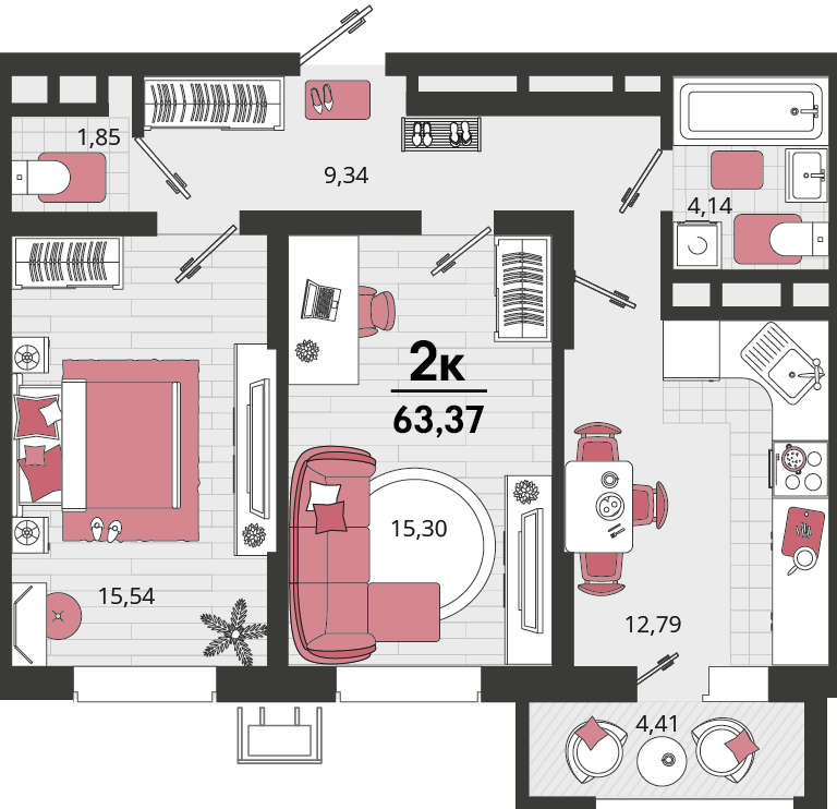 2-комнатная 63 м2 в ЖК Родные просторы корпус null этаж 10