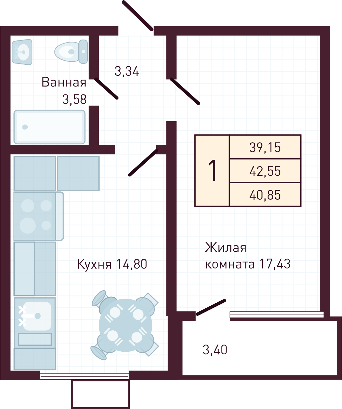 1-комнатная 40 м2 в ЖК Бетховен корпус null этаж 8