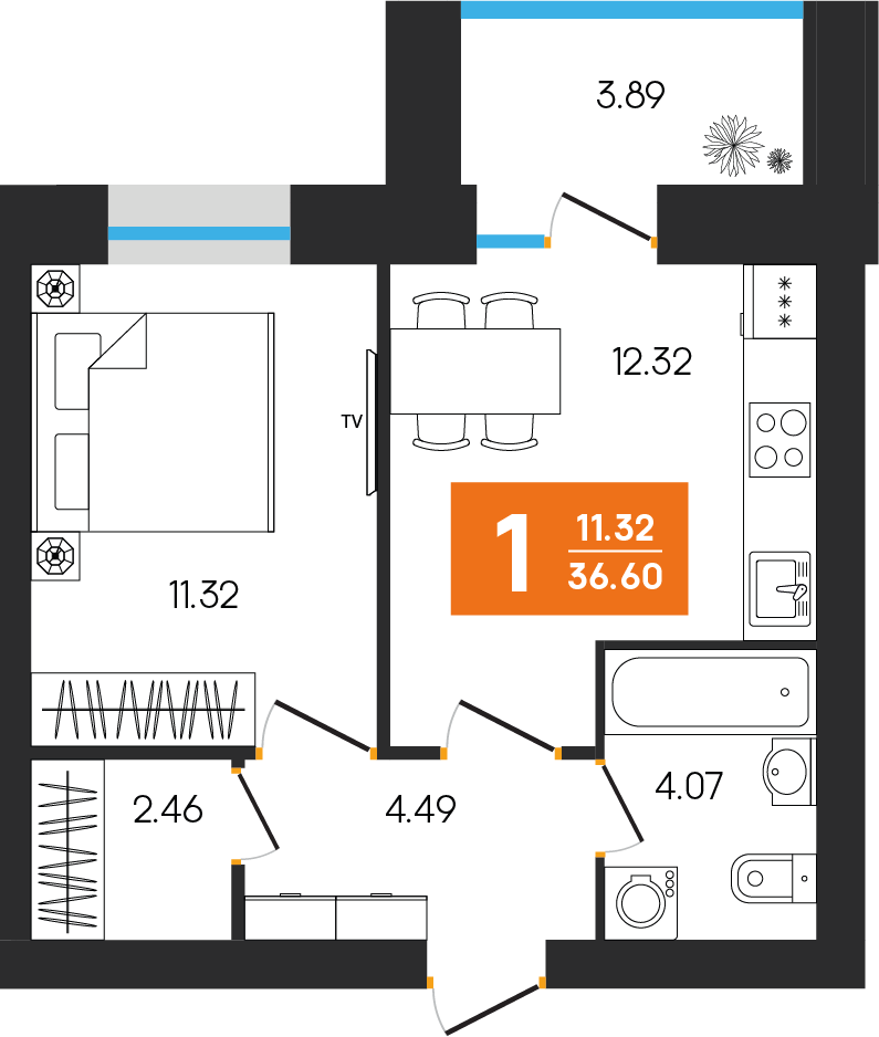 1-комнатная 36 м2 в ЖК Клубный дом Симфония корпус null этаж 3