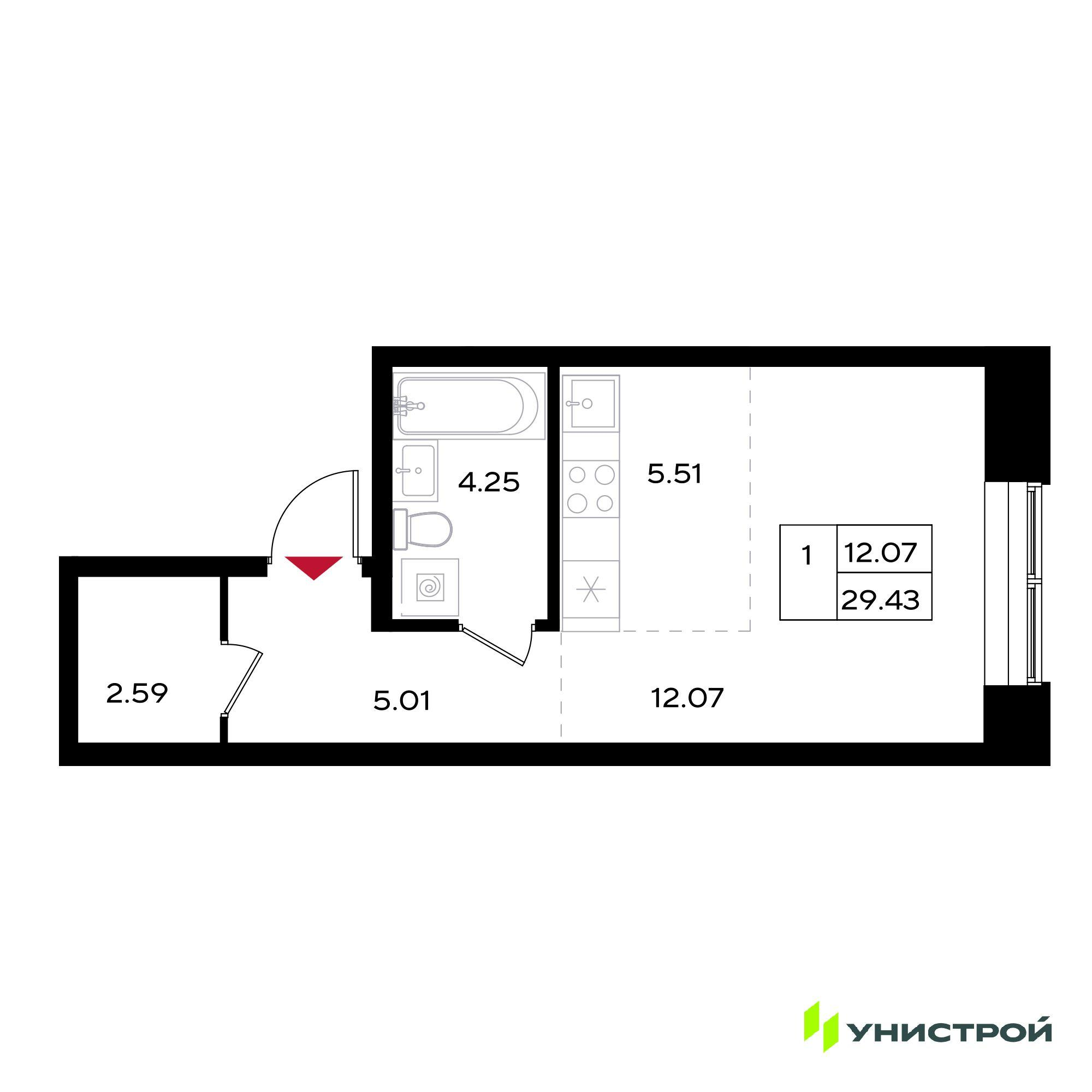 Студия 29 м2 в ЖК Уникум на Энгельса корпус null этаж 13