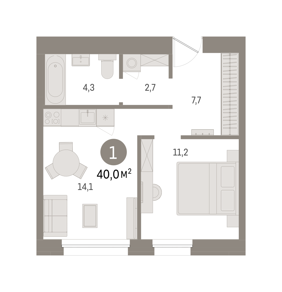 1-комнатная 39 м2 в ЖК Северный ветер корпус null этаж 2