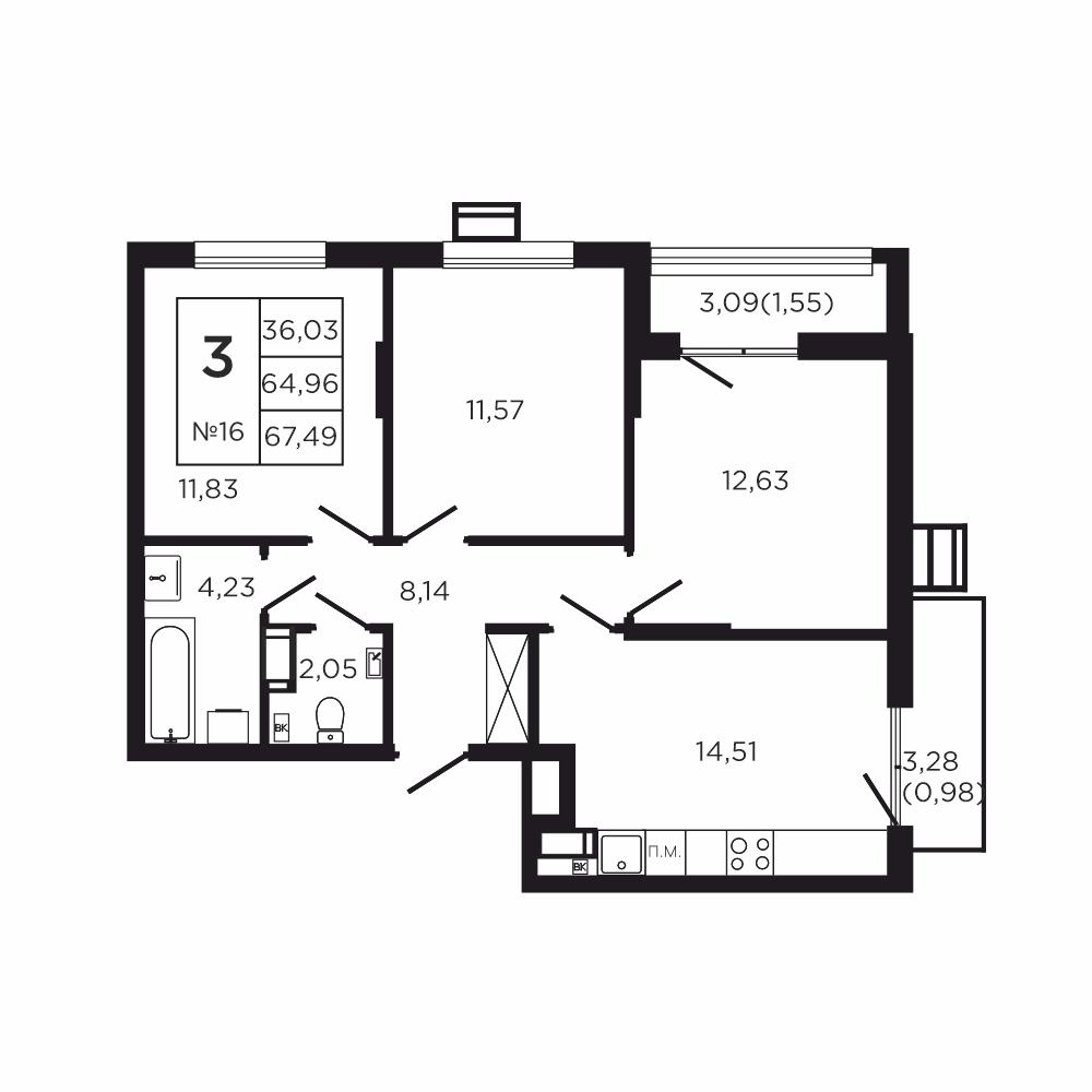 3-комнатная 71 м2 в ЖК Соседи корпус null этаж 2